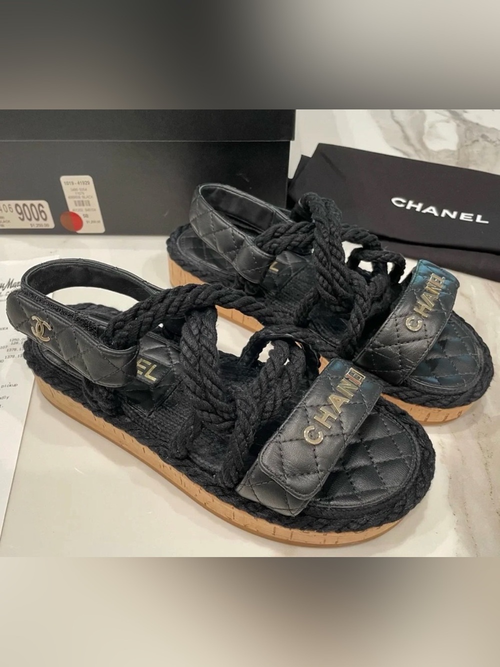 CHANEL Black Quilted Rope-Detail Sandals